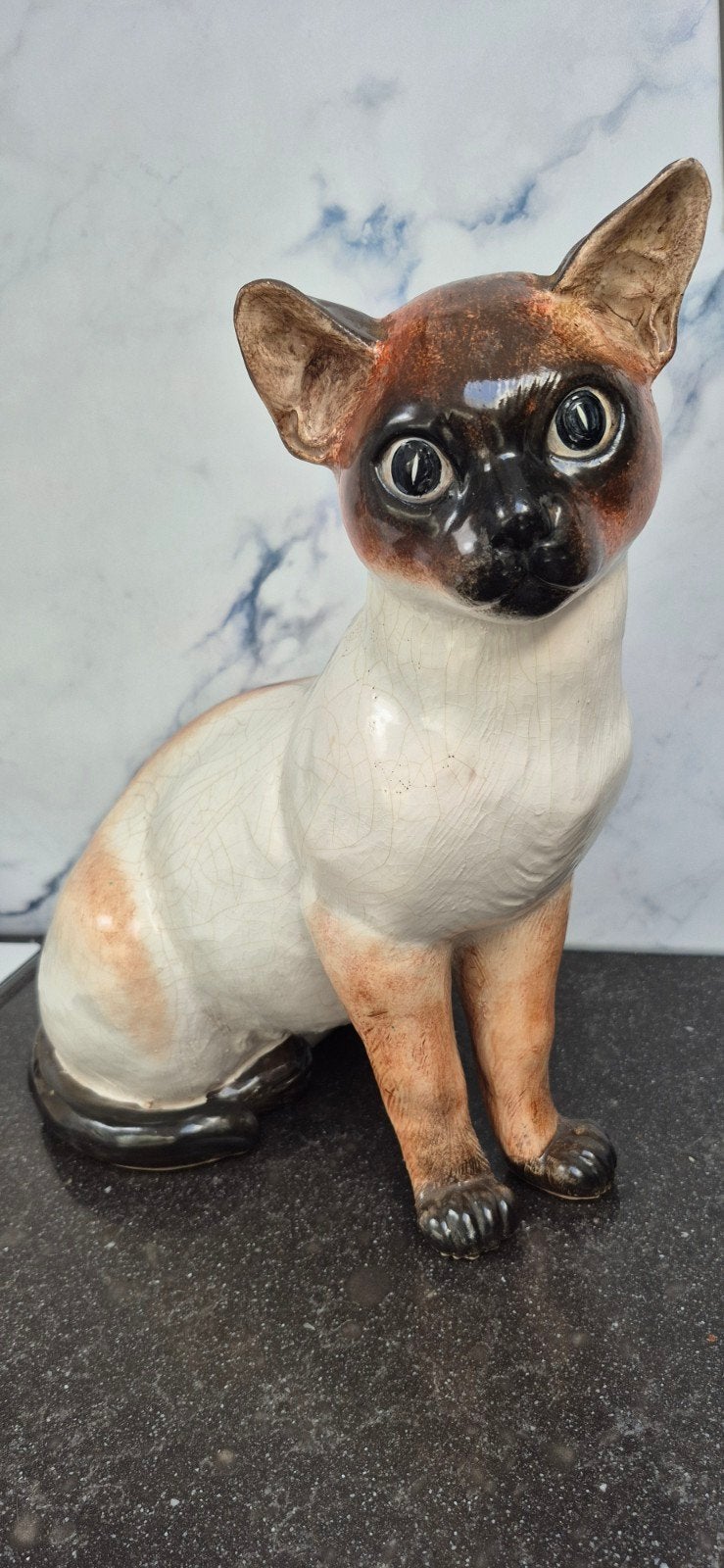 Vintage Bassano Siamese Kat Beeld - 34x34cm, Ophalen of Verzenden, Zo goed als nieuw, Hond of Kat, Beeldje of Figuurtje