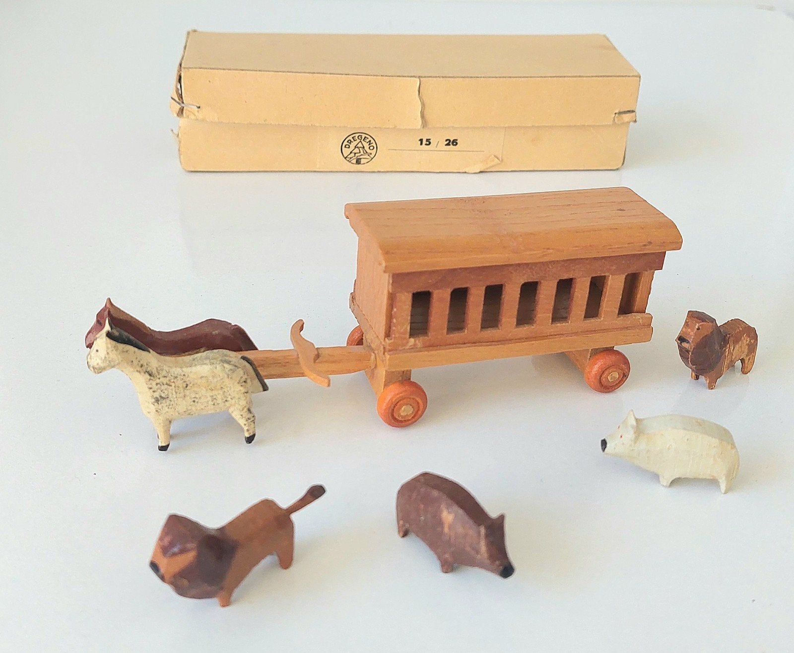 Vintage Erzgebirge Dregeno Seiffen Paard Wagen Dieren + doos, Ophalen of Verzenden