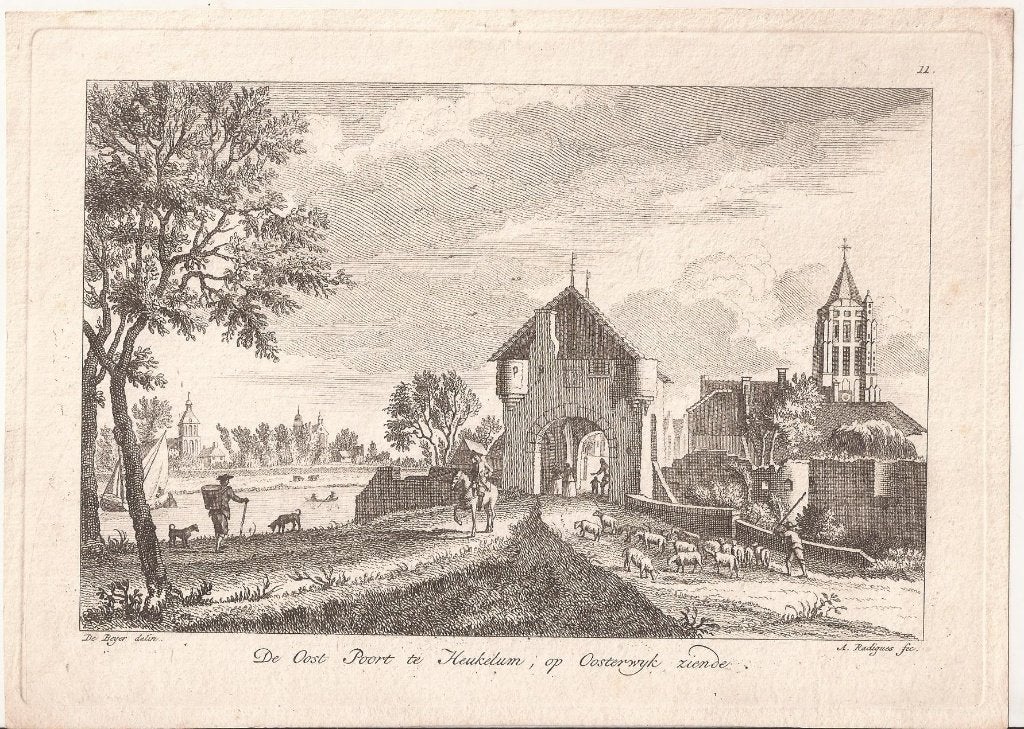 De Oost Poort te Heukelum, op Oosterwyk ziende ca. 1750, Antiek en Kunst, Kunst | Etsen en Gravures, Origineel, Stadsgezicht, Ophalen of Verzenden