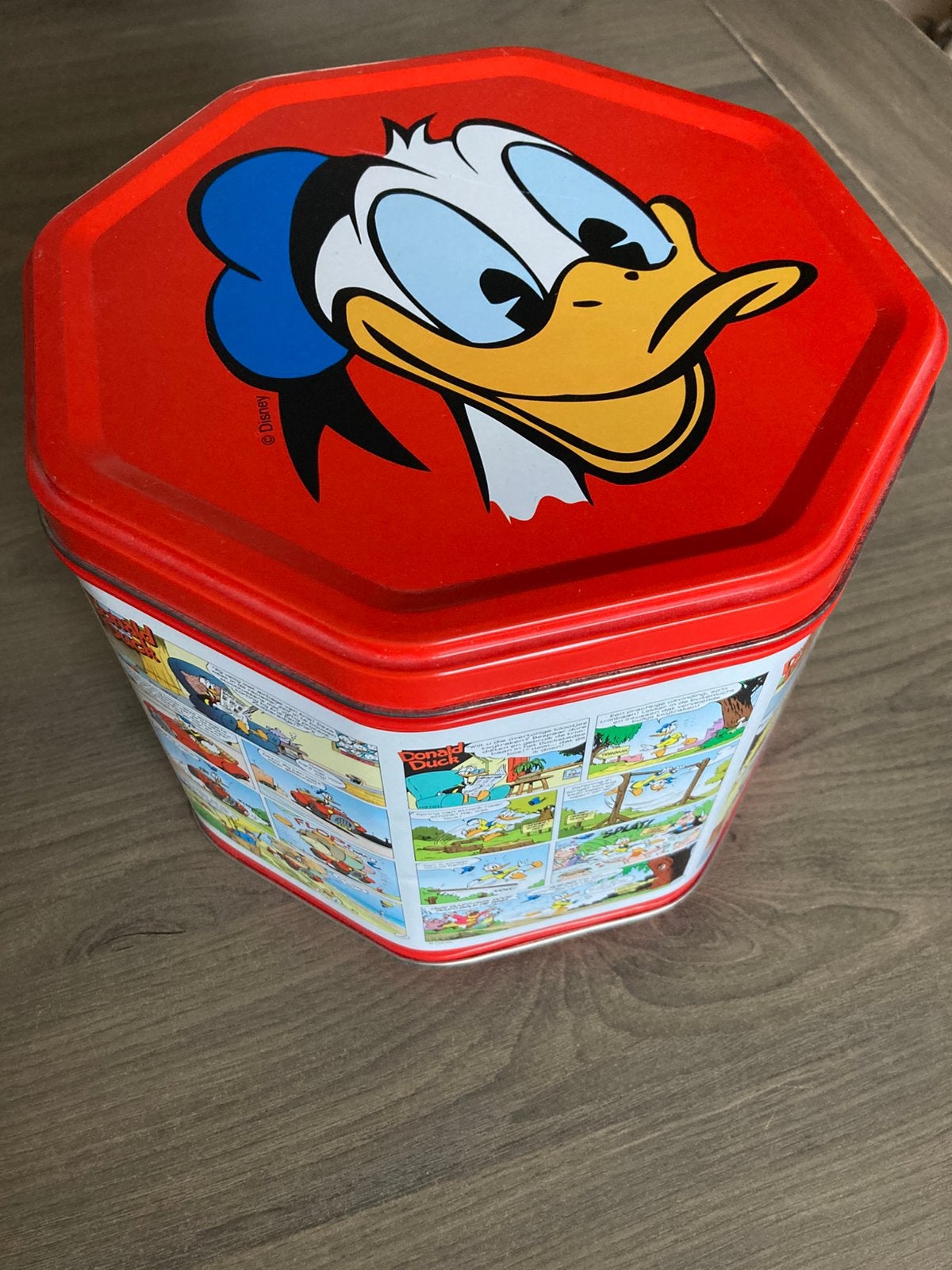 Groot achthoekig Donald Duck blik, Verzamelen, Ophalen of Verzenden, Donald Duck, Gebruikt