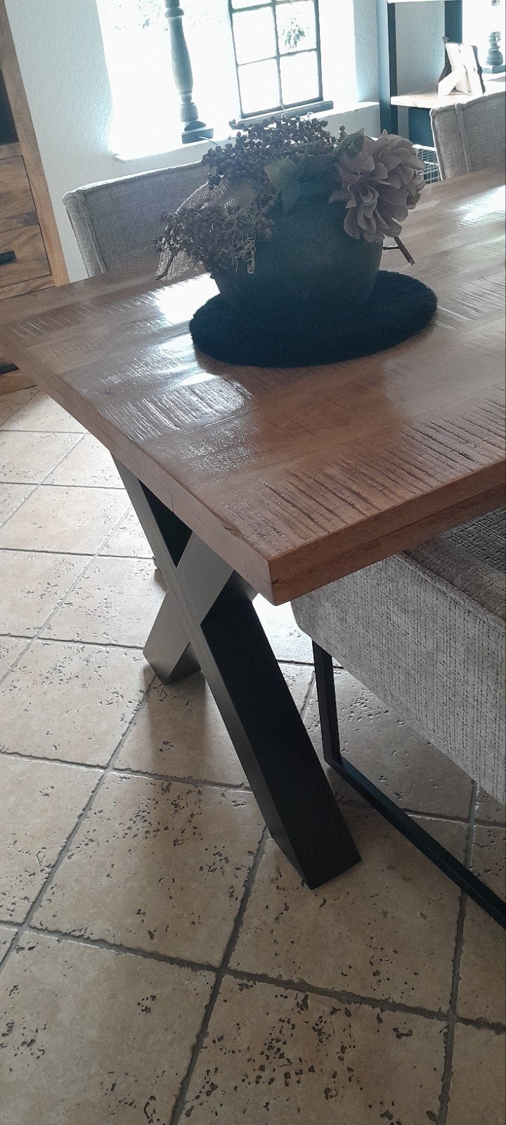 Industriële mango eettafel als nieuw., 200 cm of meer, Zo goed als nieuw, Rechthoekig, 50 tot 100 cm