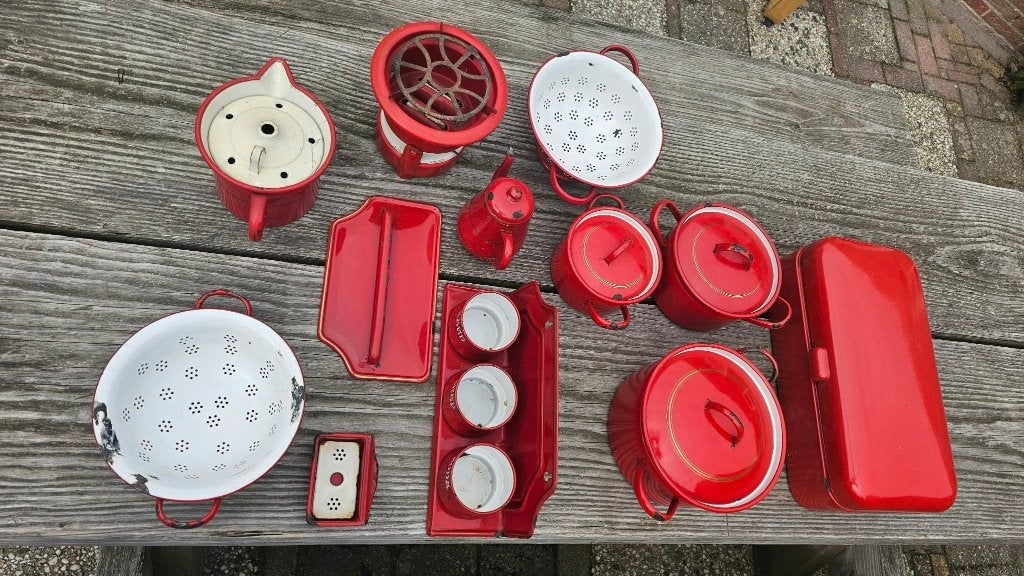 Vintage rode geëmailleerde keuken‑set, Ophalen of Verzenden