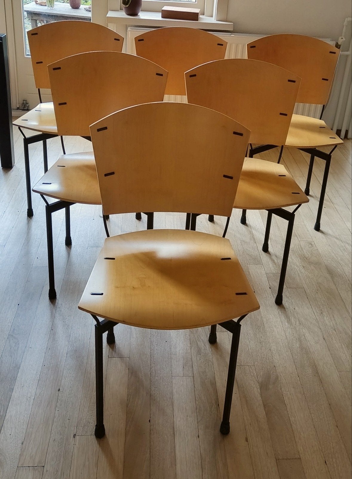 Set van 6 Arflex Elasta stoelen. Licht hout en zwart frame, Ophalen, Gebruikt, Overige kleuren, Design, Modern