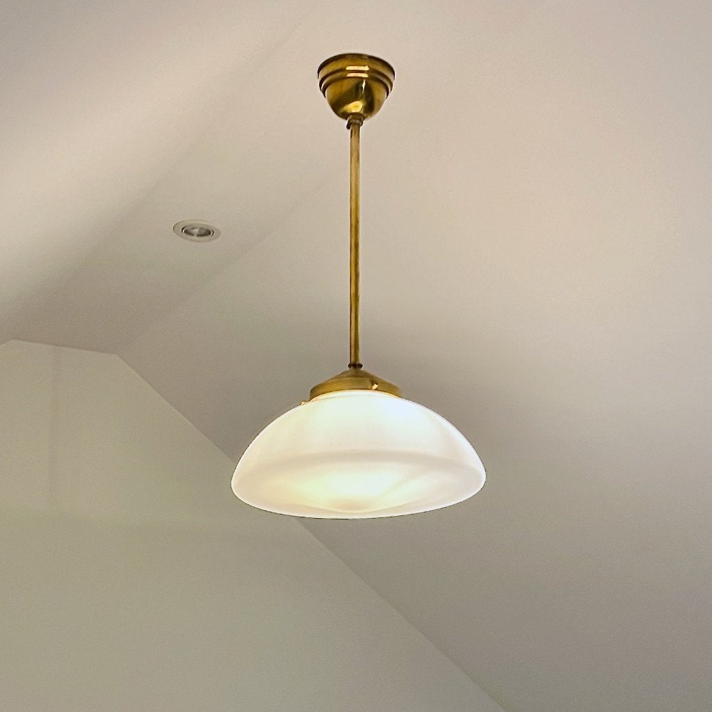 lamp art deco glazen kap met messing pendel D35cm H63cm, Gebruikt, -, Art deco, -