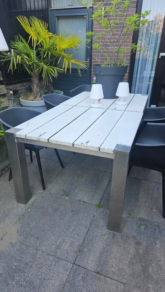 Robuuste tuintafel met metalen poten 100x200, Ophalen, Gebruikt, Rechthoekig, Hout