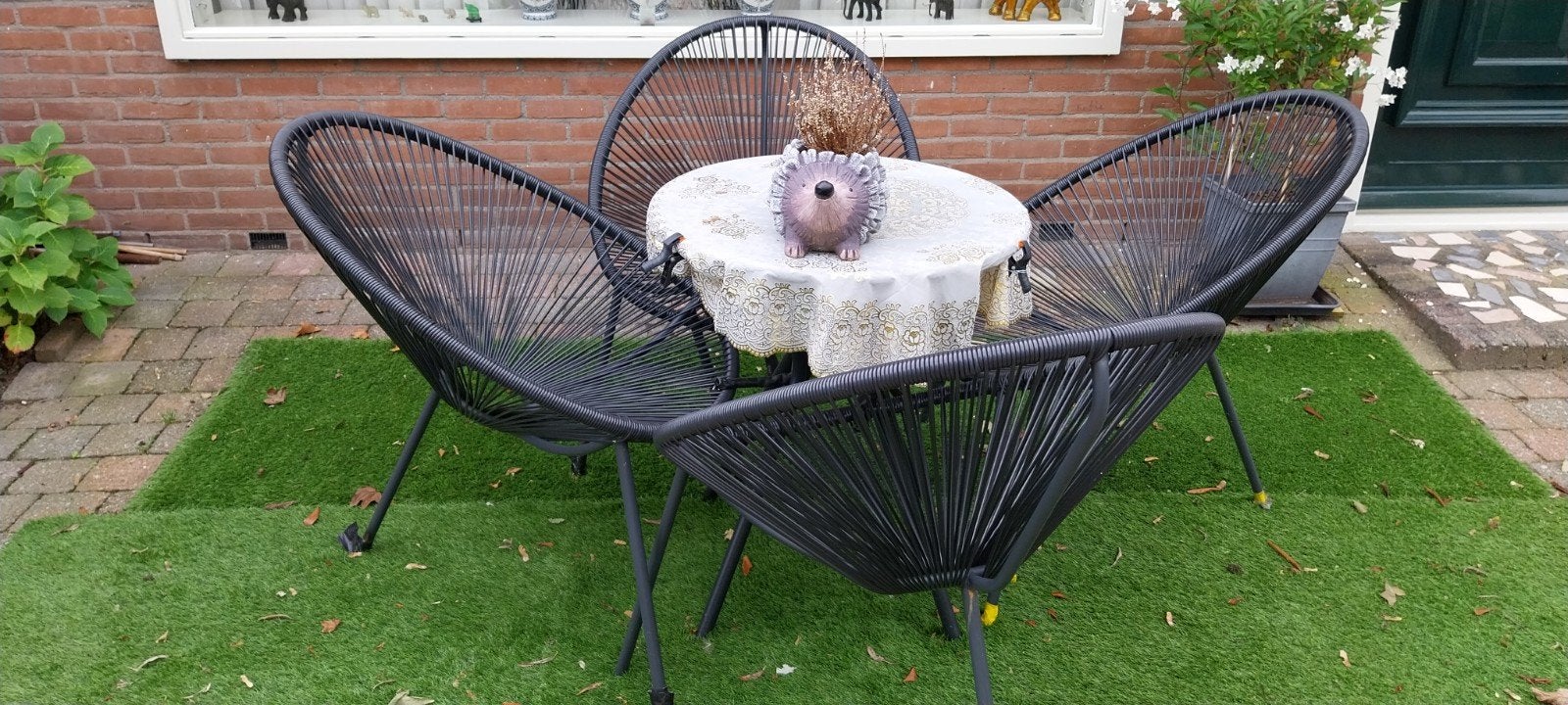 4 kuip tuinstoelen plus tafel zwart, Ophalen, Gebruikt, Metaal, Stapelbaar