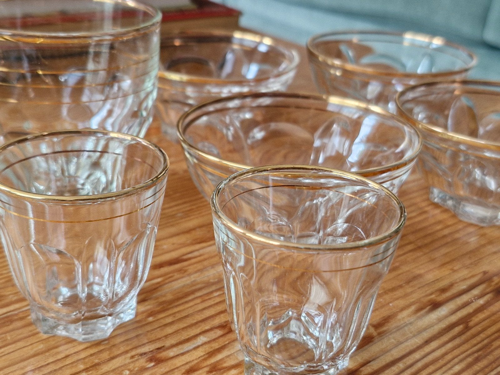 Set van 7 vintage glazen met gouden rand, Ophalen of Verzenden