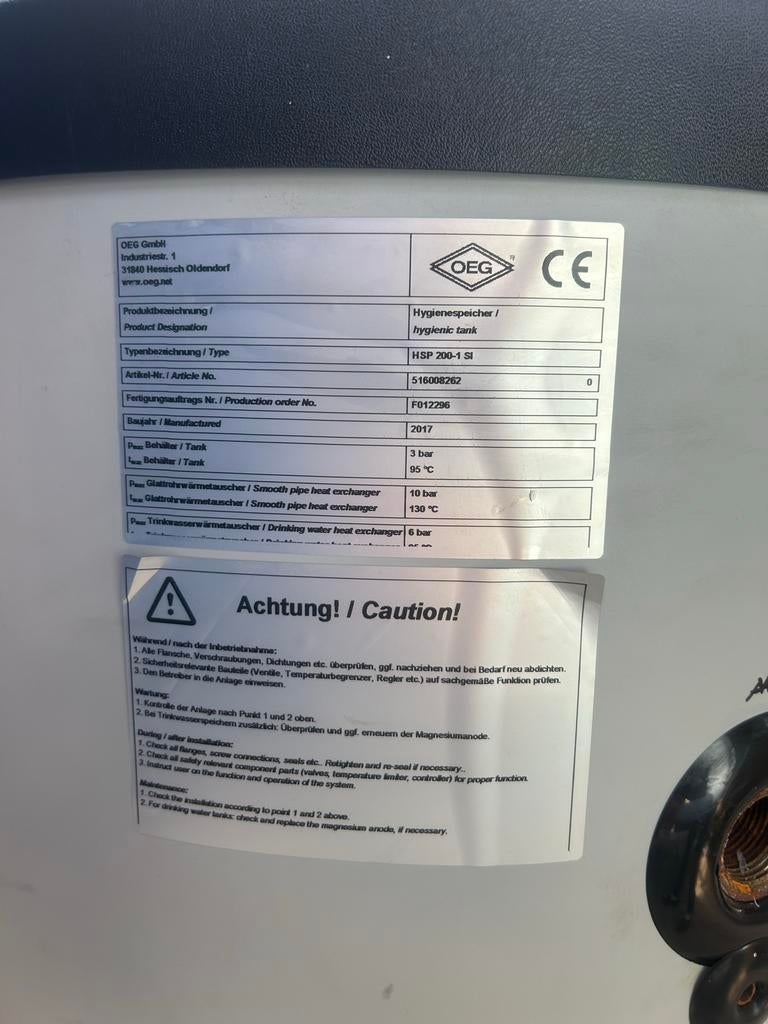 OEG Hygiëneboiler HSP 200-1 SI - Zon, Warmtepomp, Ophalen, Gebruikt, 100 liter of meer, Boiler