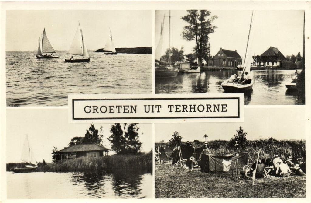 Groeten uit Terhorne - 4 afb dorp meer - 1950 gelopen, Verzamelen, Ophalen of Verzenden, 1940 tot 1960, Gelopen, Friesland