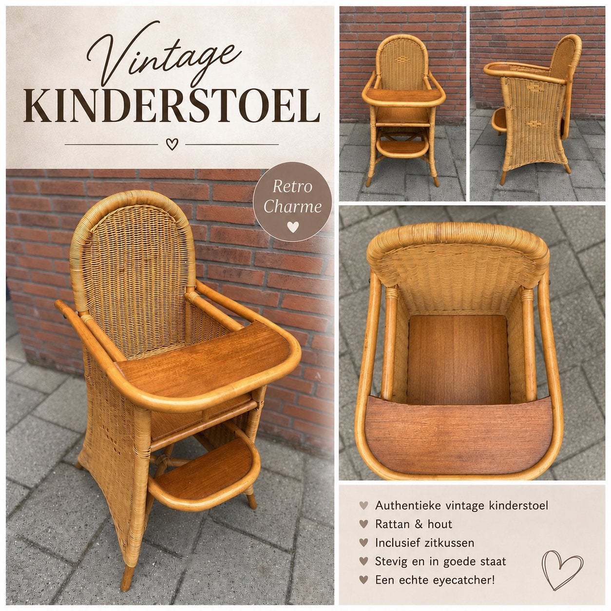 Authentieke Vintage Rotan Kinderstoel, Ophalen, Gebruikt, Overige typen