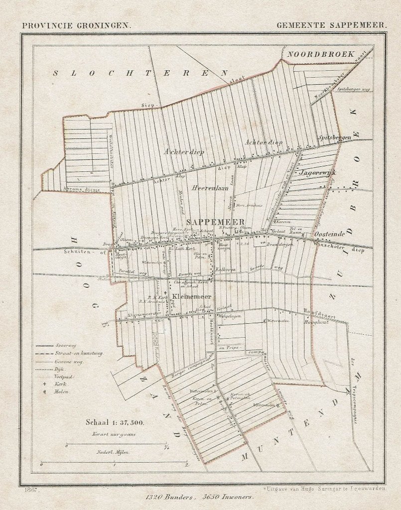 ** SAPPEMEER ** – Litho J. Kuyper 1867, Origineel, Ophalen of Verzenden, Kaarten en plattegronden, Lithografie