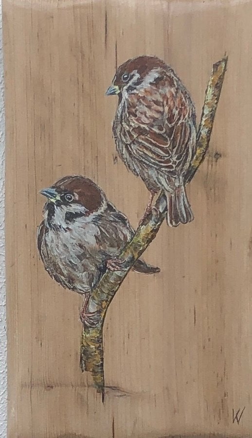Schilderij Musjes op hout, Antiek en Kunst, Acrylverf, Hout, Handgeschilderd, Ophalen of Verzenden