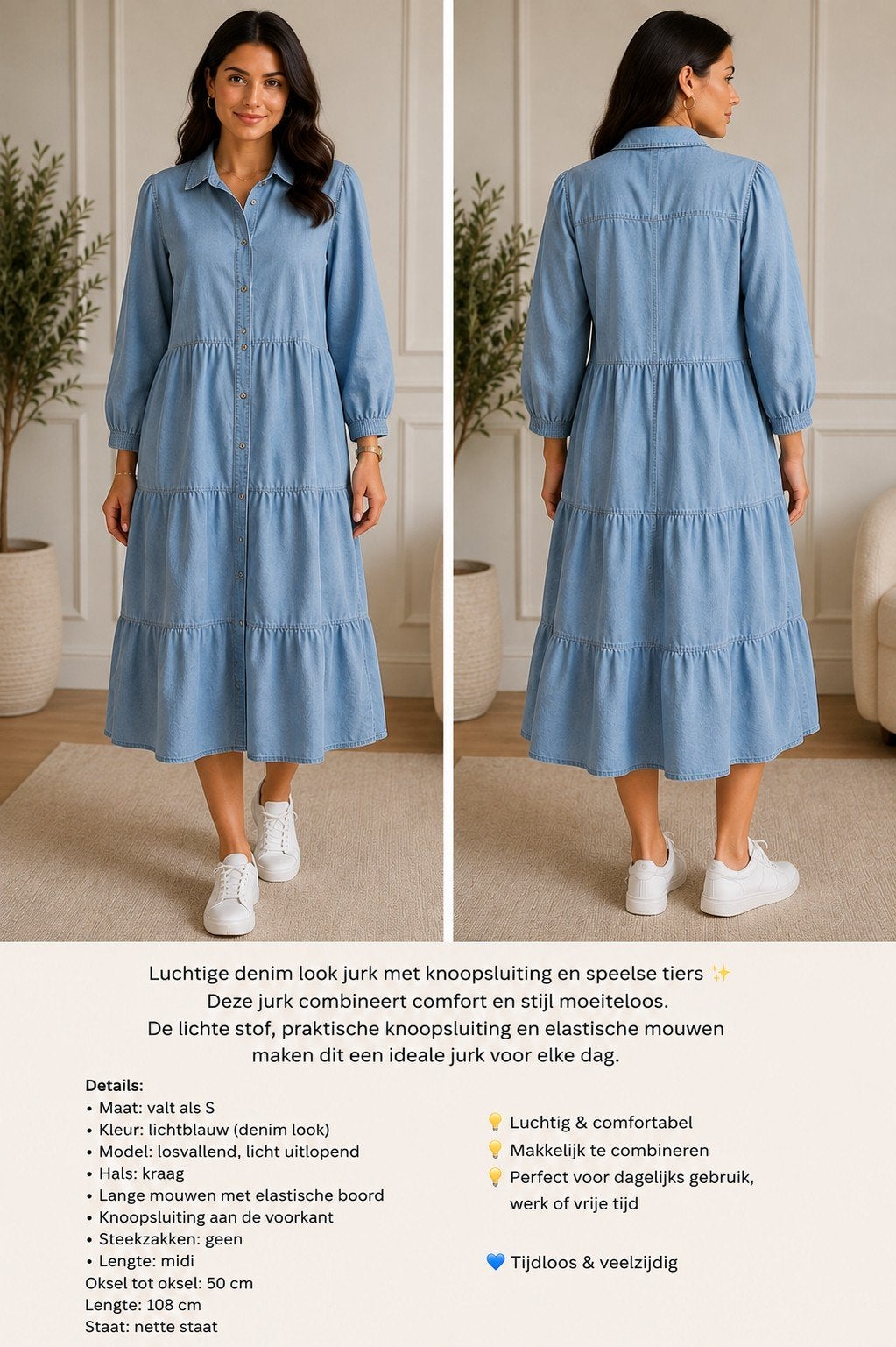 Micha lichtblauwe denim jurk met knoopsluiting - Maat 36 (S), Blauw, Ophalen of Verzenden, Maat 36 (S), Gedragen