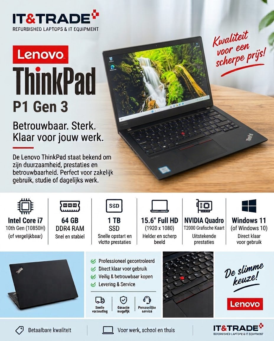 Lenovo ThinkPad P1 Gen 3 | i7-10850H | 64GB |Quadro T2000 |, Computers en Software, 64 GB of meer, Met videokaart, Ophalen of Verzenden