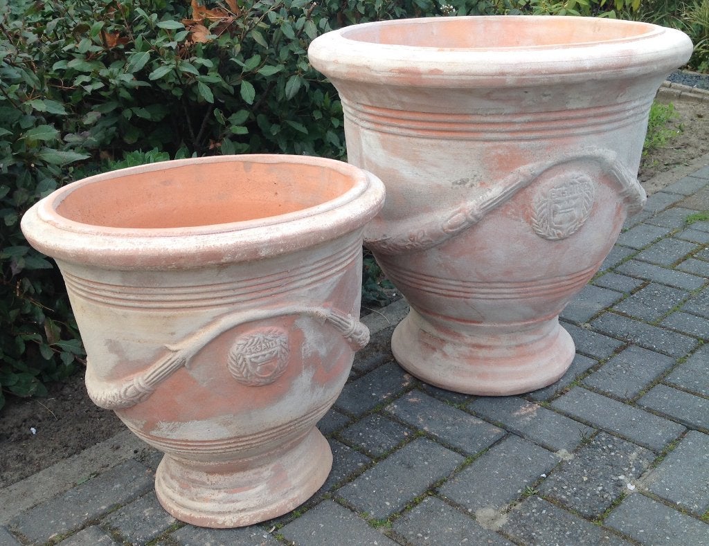 Mooie grote hard gebakken terracotta anduzze pot old finsch., Tuin en Terras, Bloempotten, Ophalen, 40 cm of meer, Rond, Nieuw