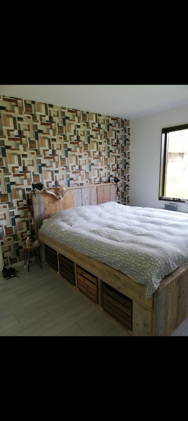 Steigerhouten bed met fruitkisten, Ophalen, Tweepersoons, Steigerhout, 140 cm