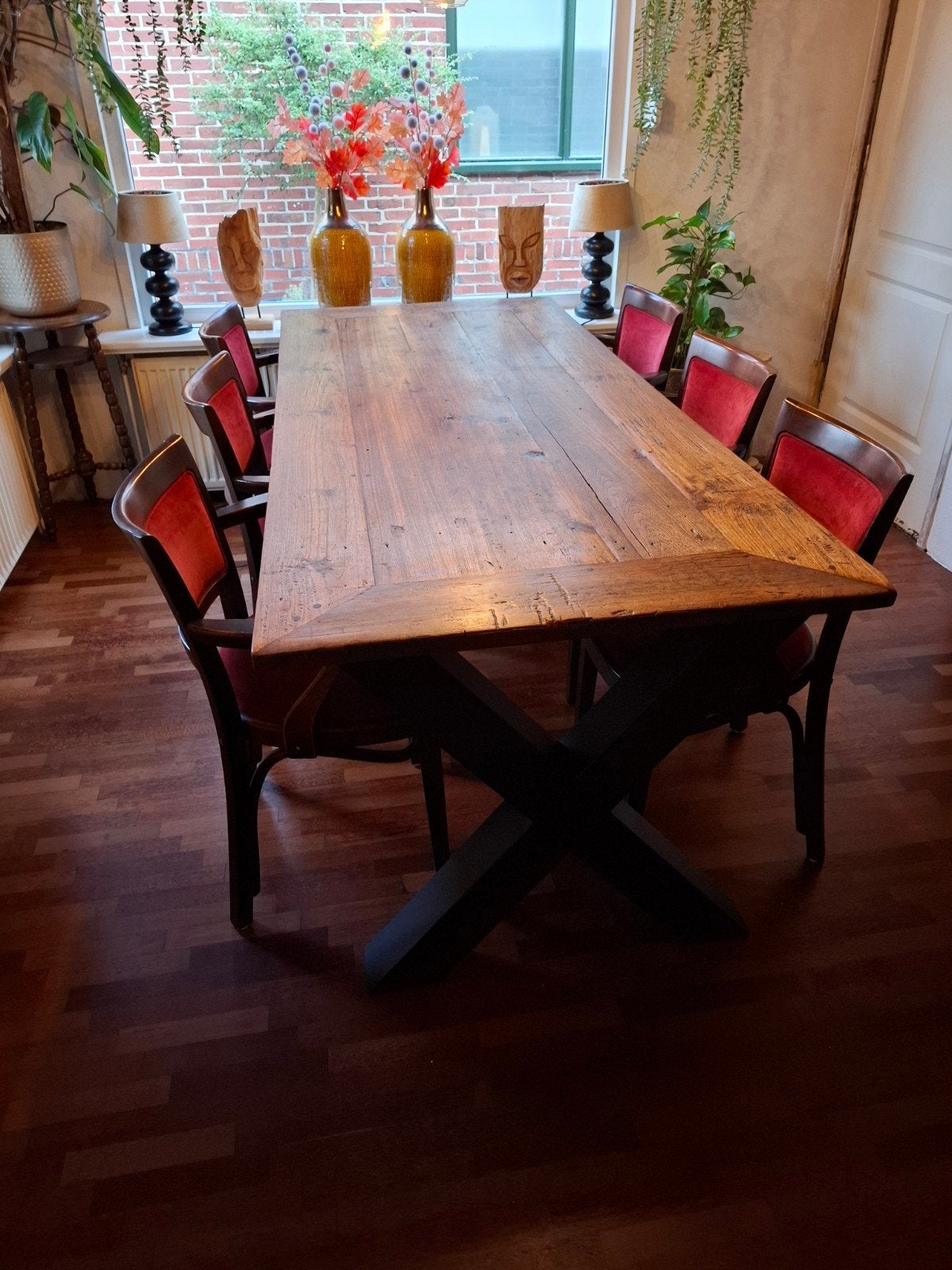 Stevige grote eetkamertafel industrieel, Ophalen, Gebruikt, 200 cm of meer, 50 tot 100 cm