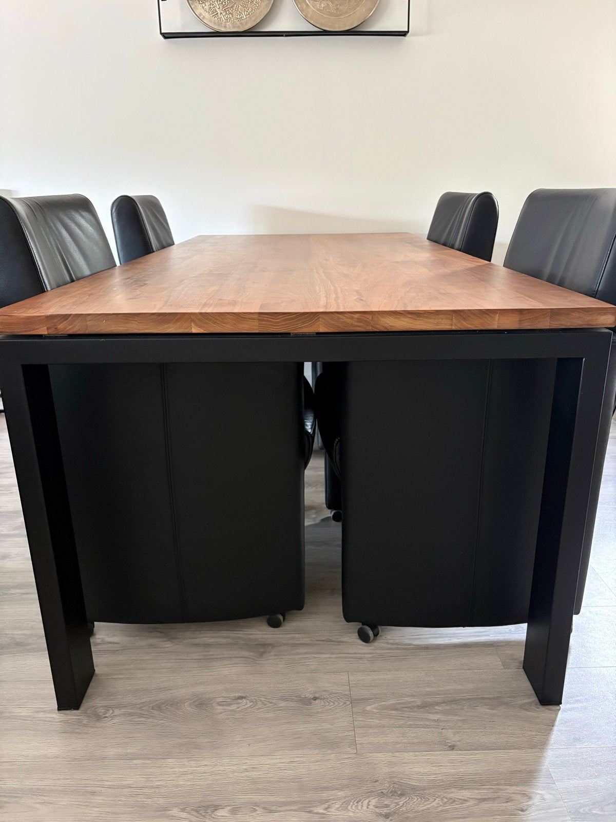Stijlvolle eikenhouten eettafel met 4 HVS lederen stoelen, Huis en Inrichting, Tafels | Eettafels, Ophalen, Gebruikt, 50 tot 100 cm