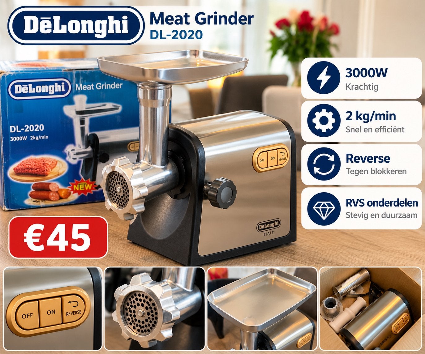 DeLonghi DL-2020 Vleesmolen – 3000W – 2 kg/min – Goede staat, Overige typen, Zilver, Ophalen of Verzenden, Zo goed als nieuw