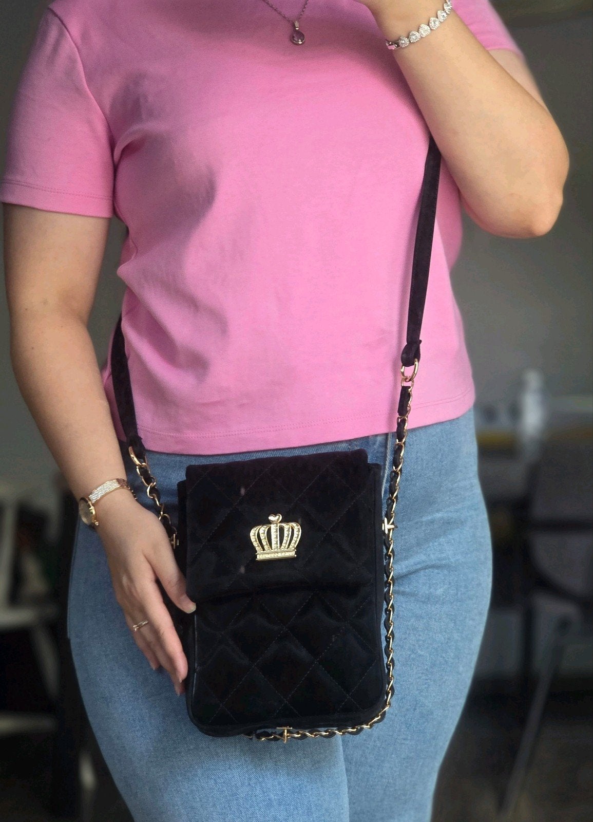 Juicy Couture crossbody tasje met gouden kroonlogo, Sieraden, Tassen en Uiterlijk, Ophalen of Verzenden, Gebruikt, Zwart, Schoudertasje