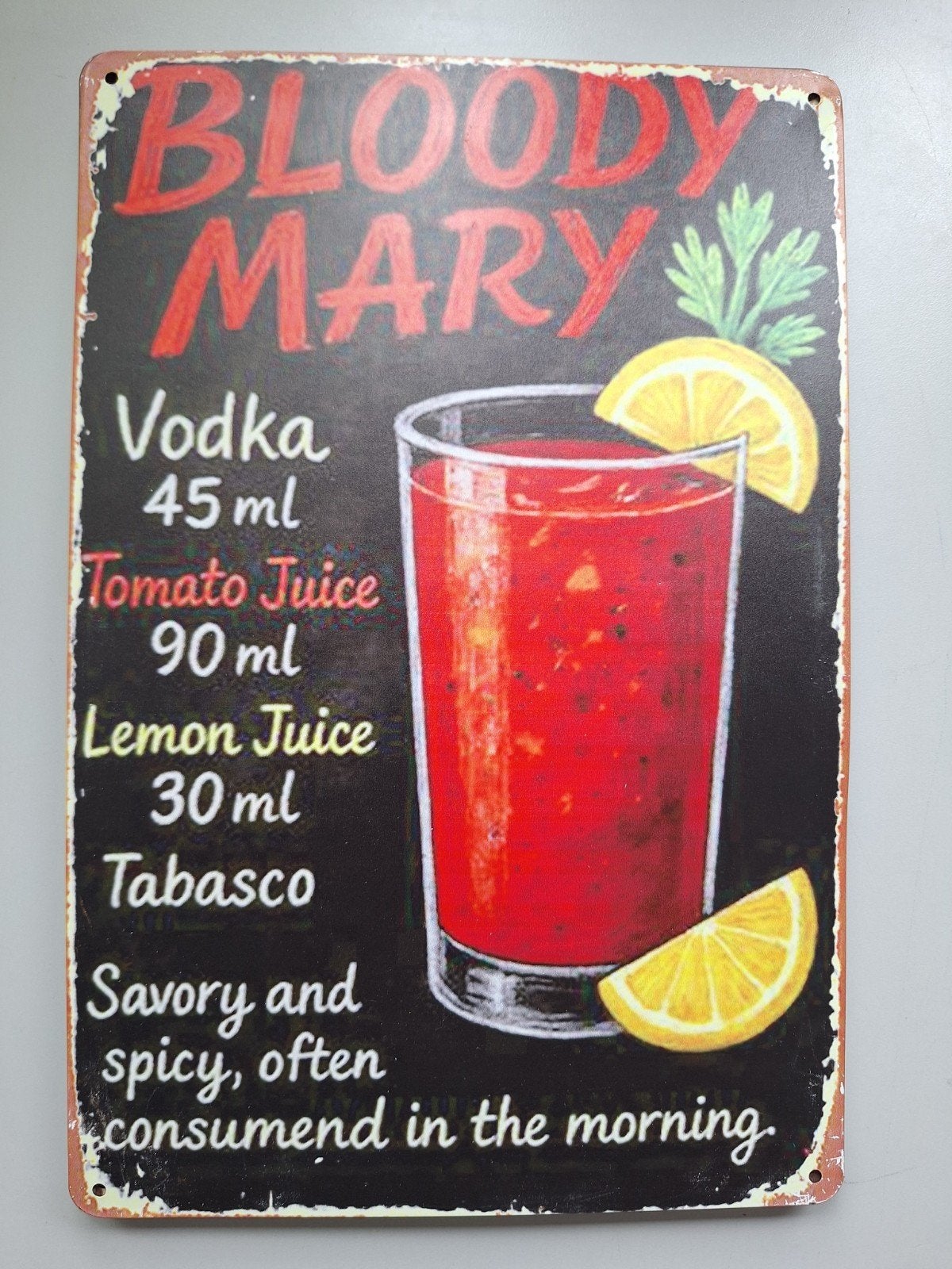 Bloody Mary Cocktail Recept Vintage Metalen Bord, Huis en Inrichting, Minder dan 50 cm, Overige typen, Nieuw, Ophalen of Verzenden