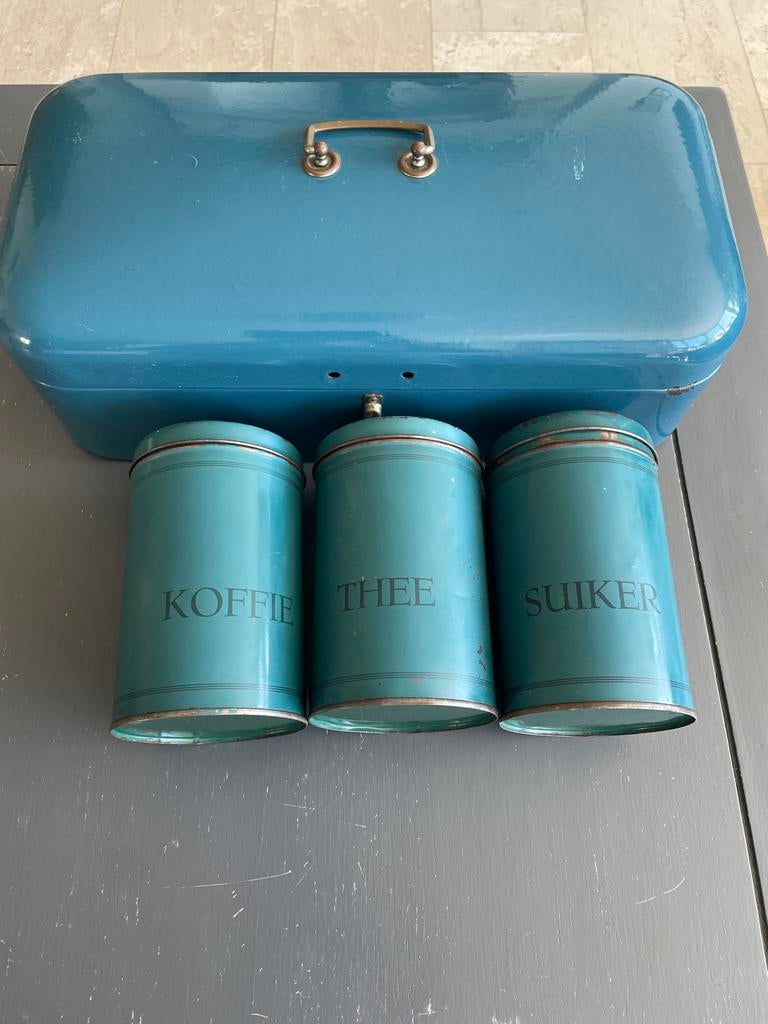 Vintage Emaille Broodtrommel met Koffie, Thee, Suiker Bussen, Antiek en Kunst, Ophalen