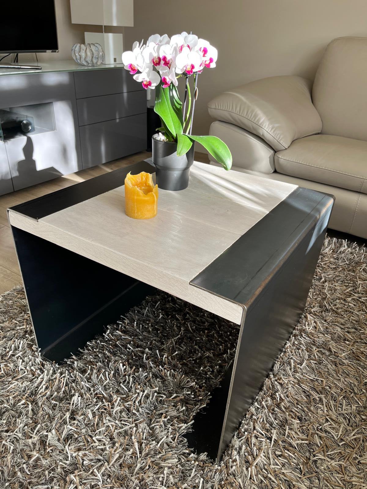 Unieke design salontafels eikenhout en staal, Ophalen, 50 tot 100 cm, Eikenhout, 50 tot 100 cm