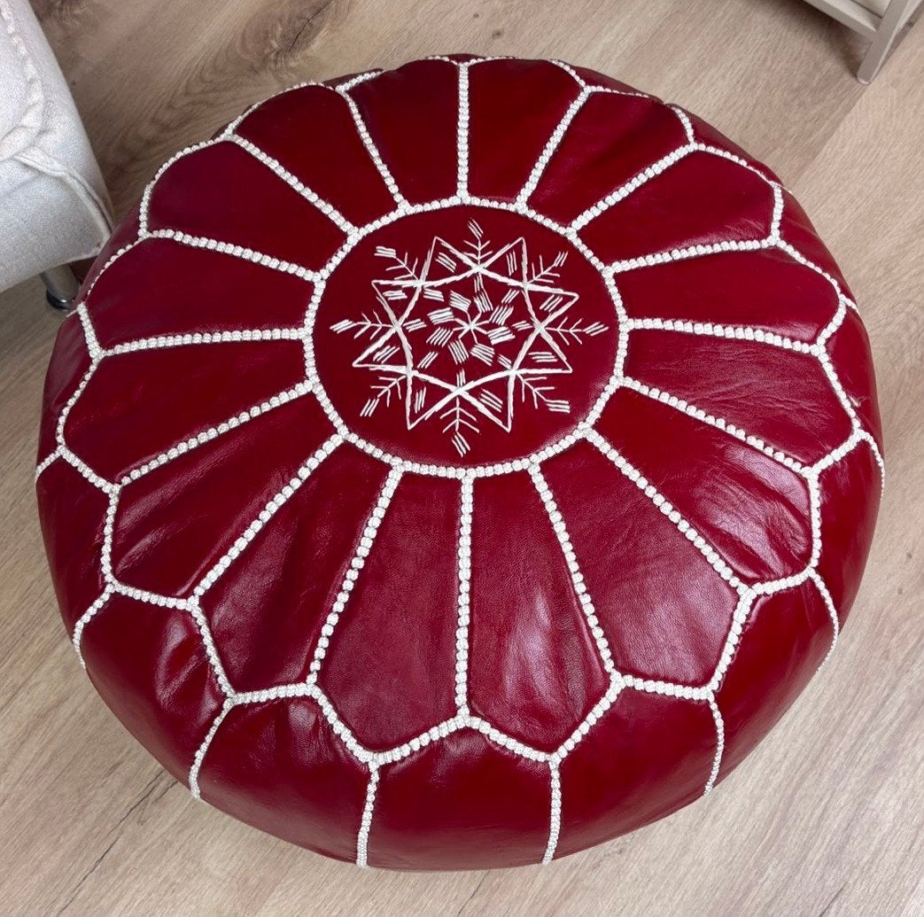 nieuwe Marokkaanse handgemaakte leren poef gevuld bordeaux, Minder dan 50 cm, Rond, Nieuw, Ophalen of Verzenden