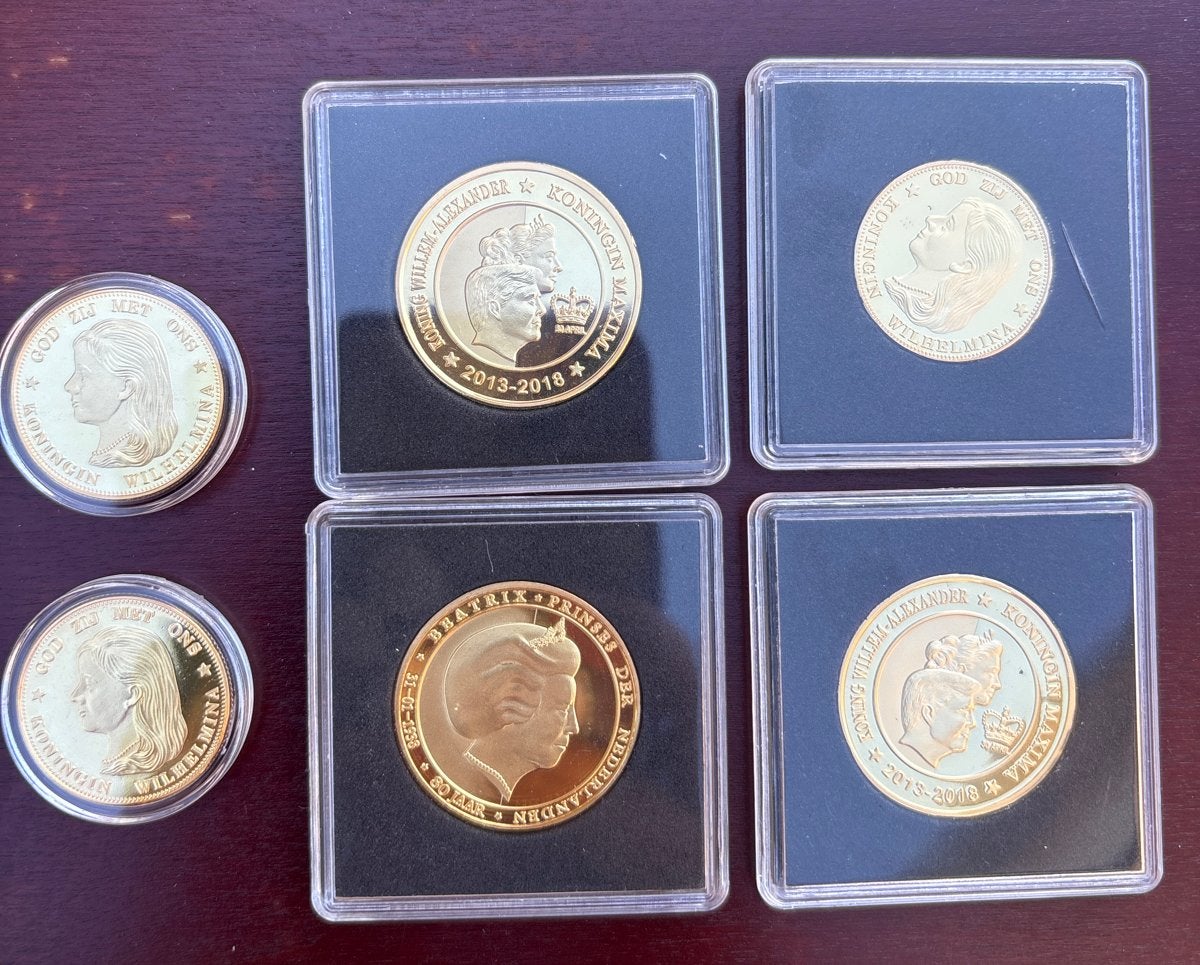 6 munten Nederlandse koningshuis, beautrix, wilhelmina, Postzegels en Munten, Koningin Wilhelmina, Verzenden, Setje, Goud