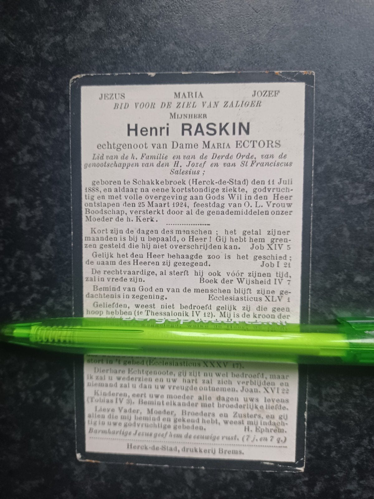 Bidprentje Schakkebroek Henri Raskin 1888 1924, Ophalen, Bidprentje
