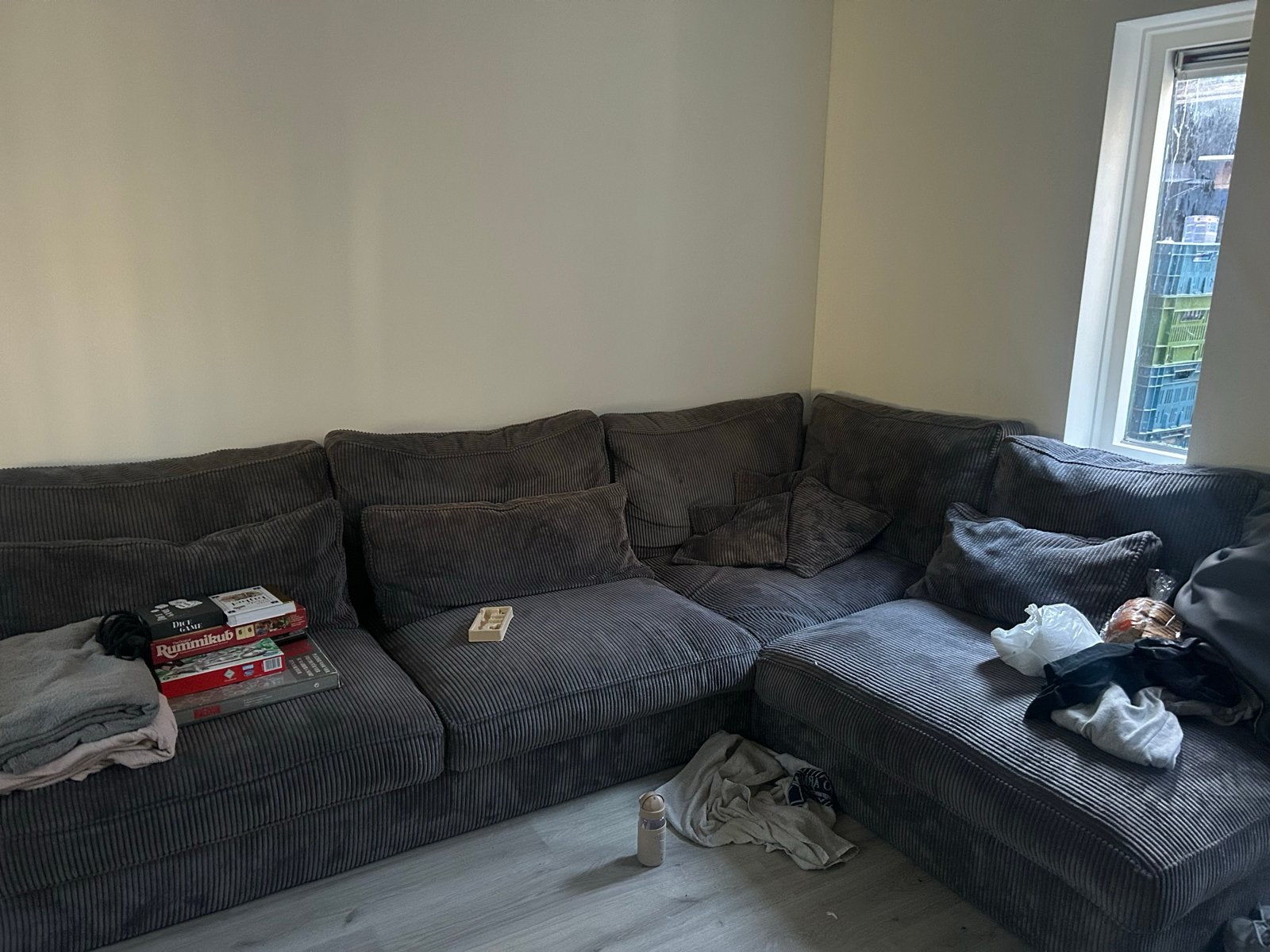 Grote comfortabele hoekbank van stof, Huis en Inrichting, Banken | Bankstellen, Ophalen, Gebruikt, Hoekbank, 300 cm of meer