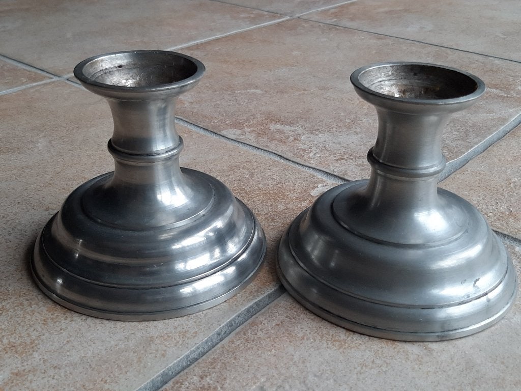2 prachtige zilvertinnen kandelaars, Ophalen of Verzenden