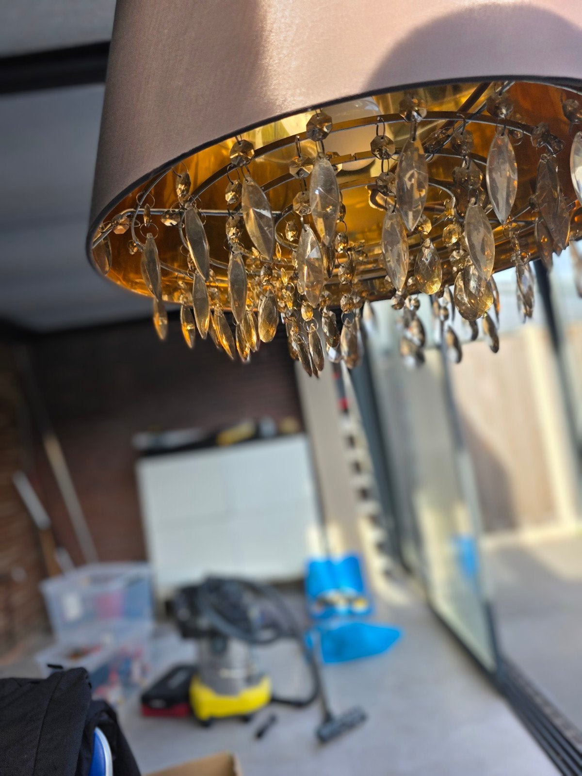 Luxe Hanglamp met Gouden Binnenkant & Kristallen, Ophalen, Zo goed als nieuw