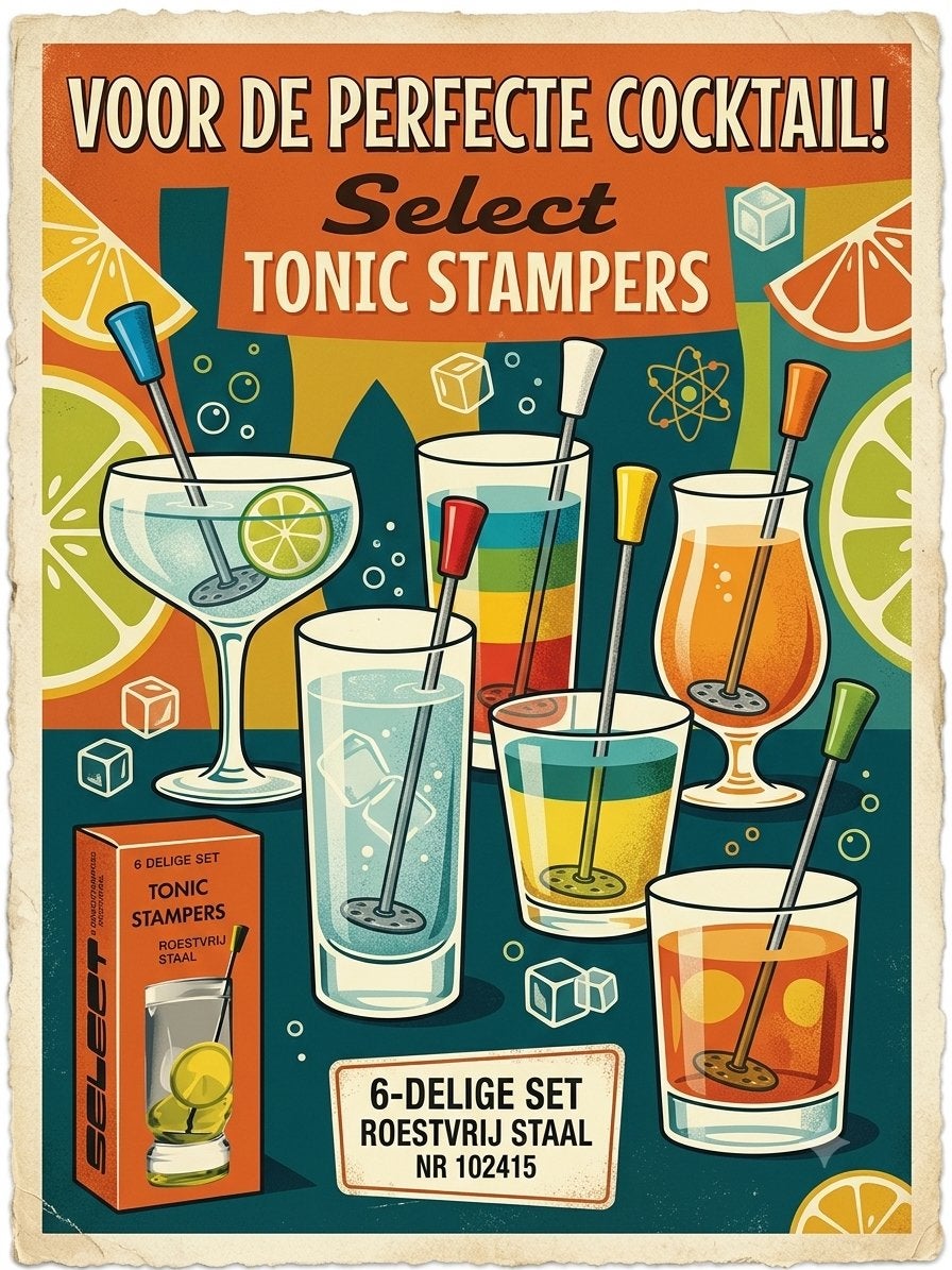 Vintage Retro Tonic Stampers Set 6-Delig RVS Bar, D, Ophalen of Verzenden, Zo goed als nieuw, Rvs of Chroom