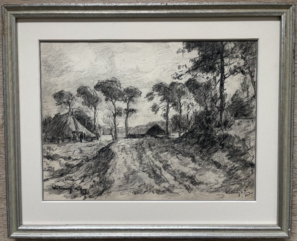 J.E. van de Wetering de Rooij (1877-1972) - Boerderijen, Ophalen of Verzenden, Tekening, Houtskooltekening, Handgemaakt