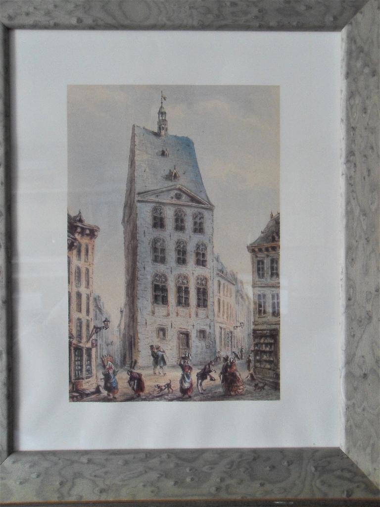 oude prent / prent historisch stadsgezicht/ fotolijst, Gebruikt, Ophalen of Verzenden, Gebouw, Voor 1940