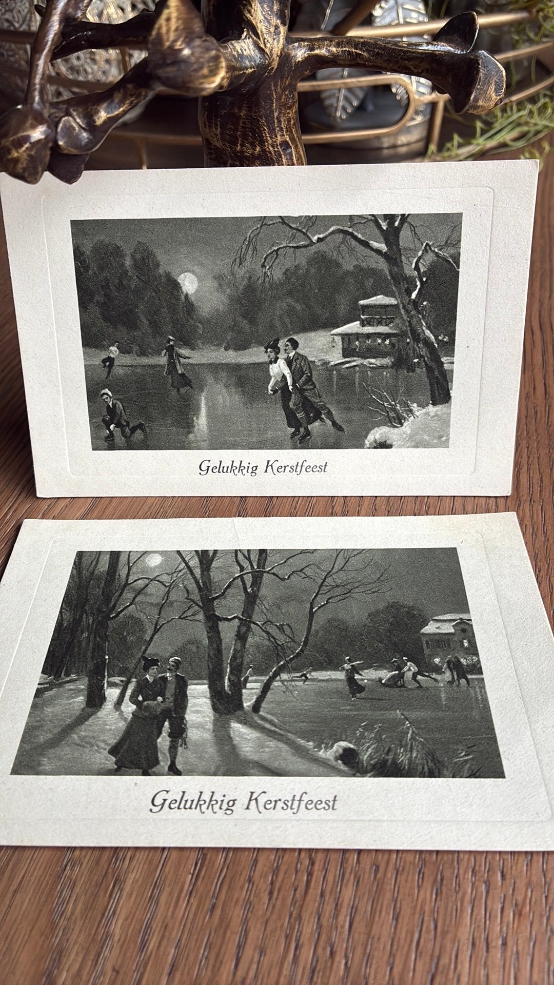 2 mooie kaarten.Kerst.Schaatsen en wandelen bij maanlicht., Verzamelen, Ophalen of Verzenden, Ongelopen