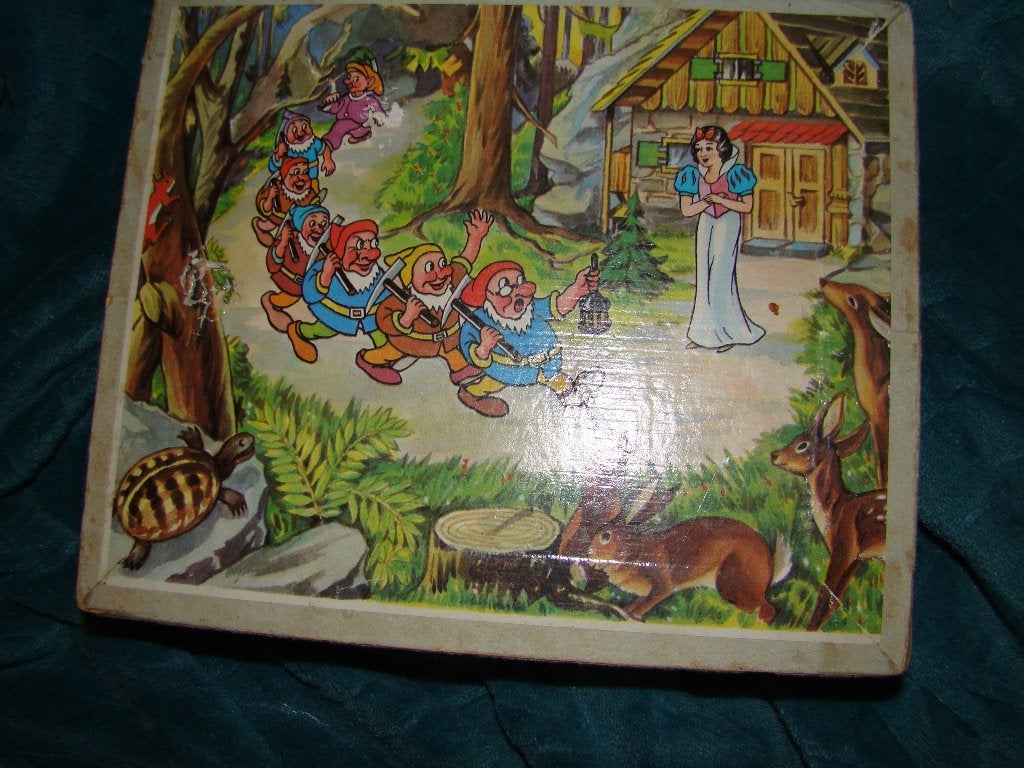 antiek speelgoed blokkenpuzzel sneeuwwitje, Ophalen of Verzenden