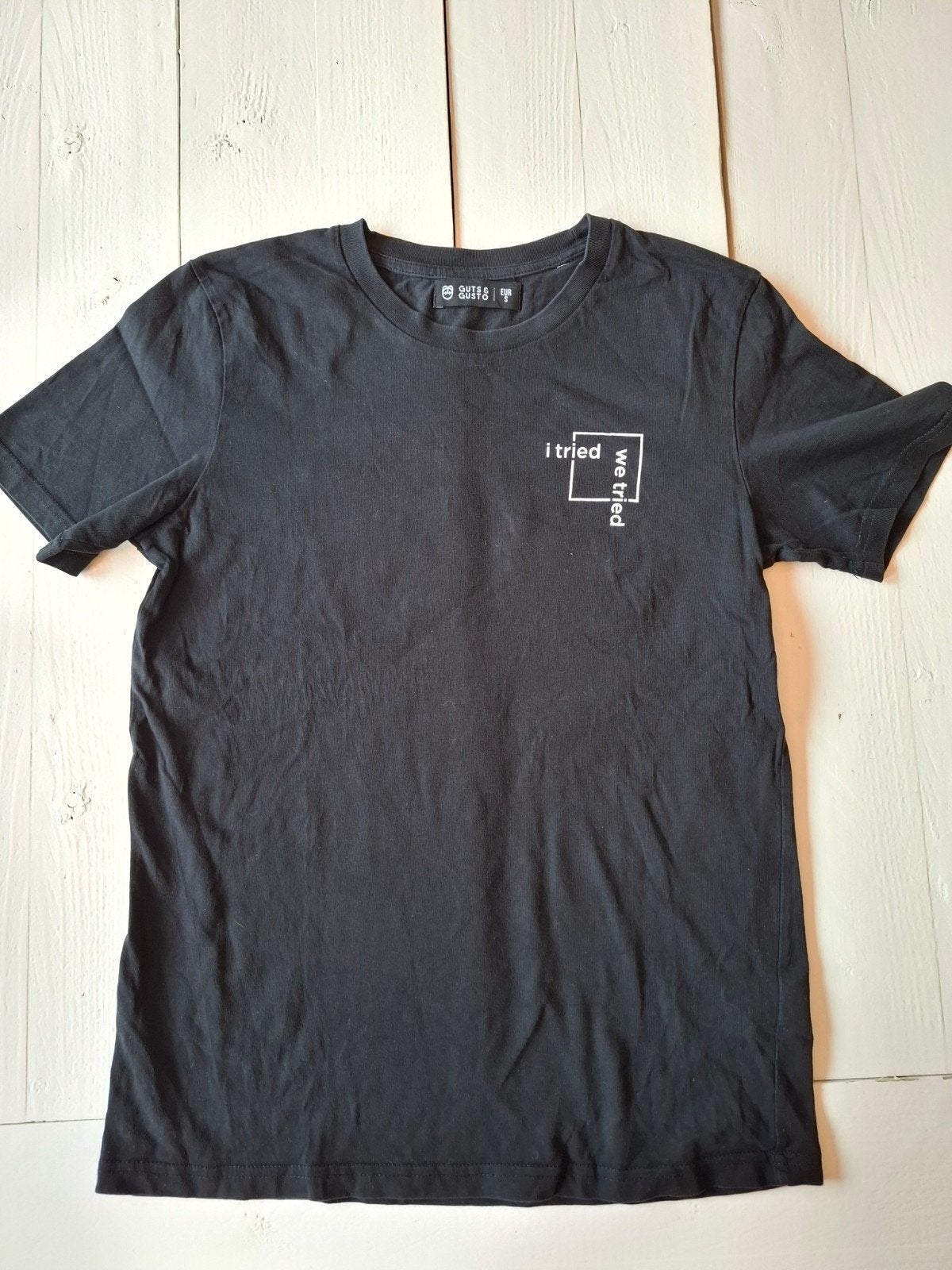 Guts & Gusto zwart T-shirt S i tried we tried organic katoen, Kleding | Dames, Guts & Gusto, Zwart, Ophalen of Verzenden, Korte mouw