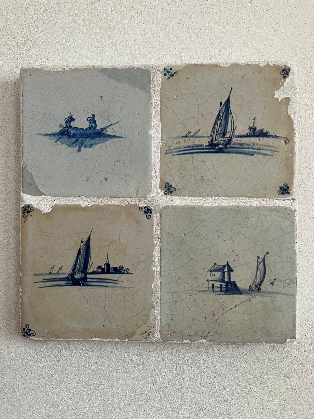 Vier scheepjes tegels in een blok, Antiek en Kunst, Ophalen of Verzenden