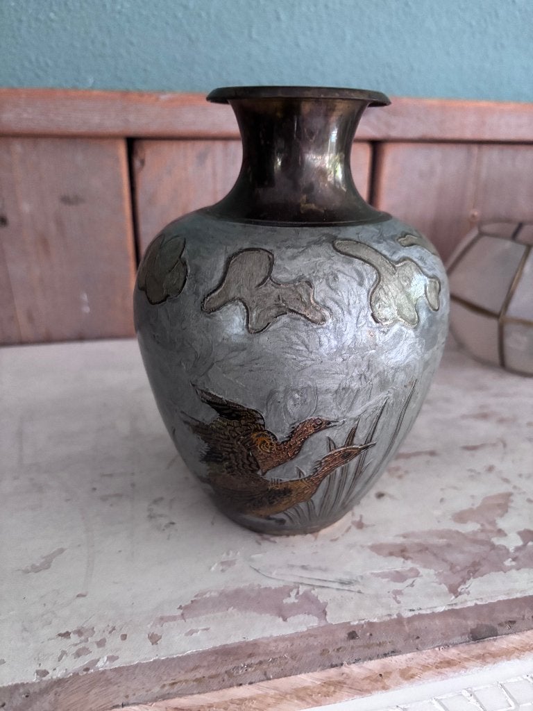 Vintage metalen siervaas met vogels – messing – 19 cm, Ophalen of Verzenden