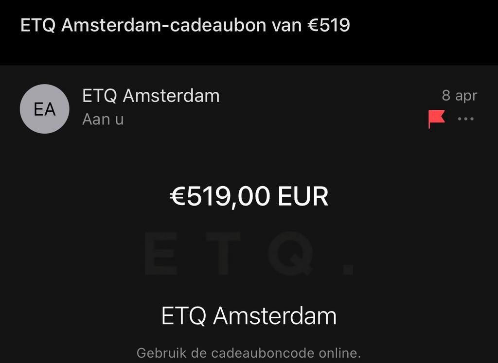 ETQ - Voucher €519,-, Verzenden, Nieuw, Zwart