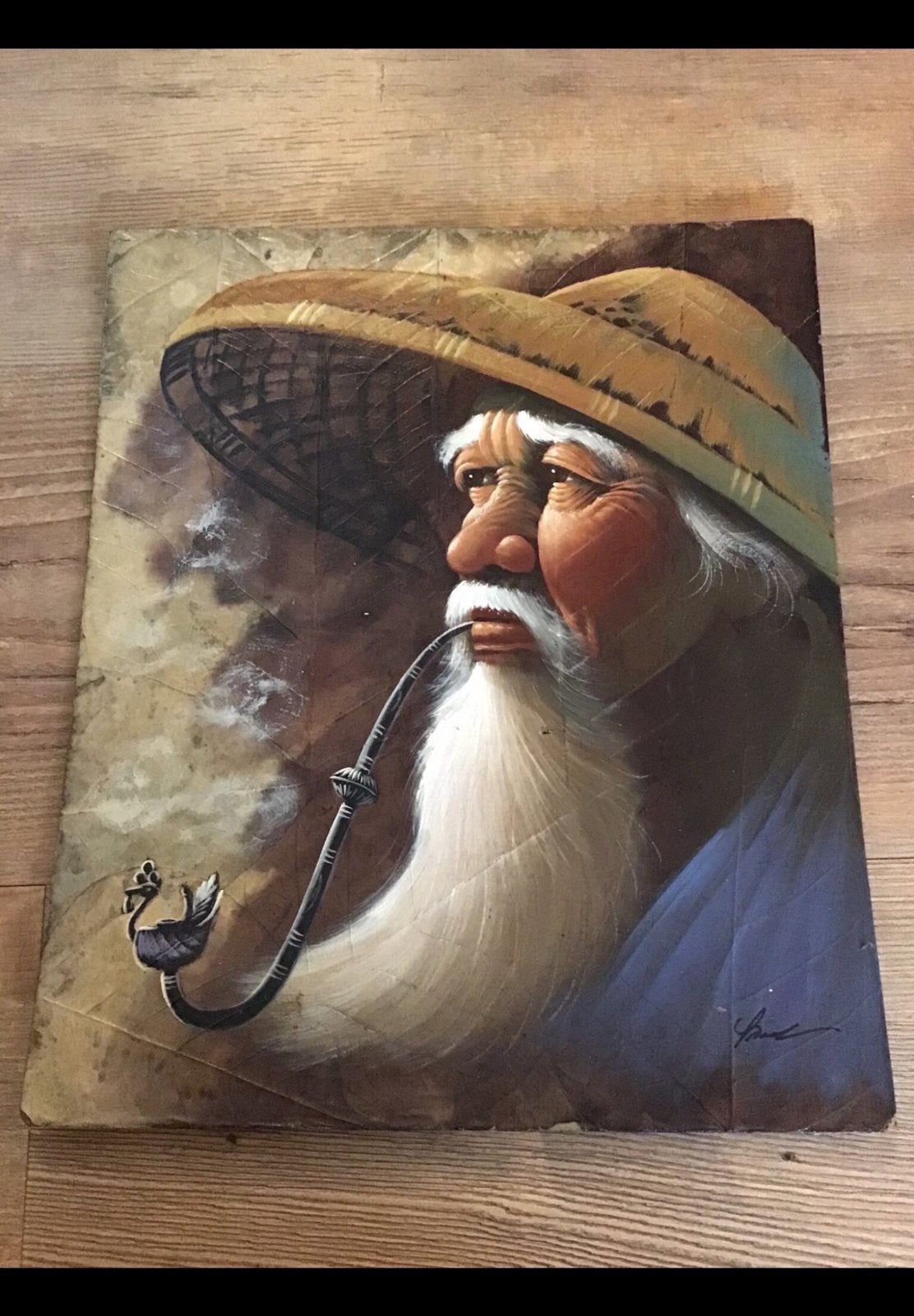 Schilderij Aziatische man met pijp & rieten hoed. Tabaksblad, Antiek en Kunst, Ophalen of Verzenden