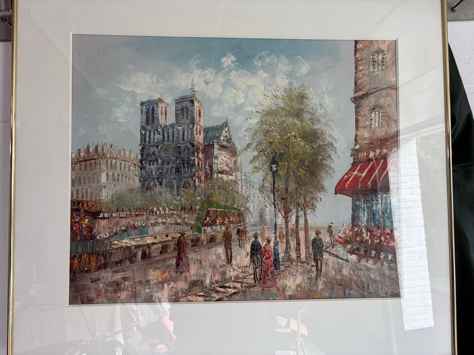 Schilderij Parijs Stadsgezicht Olieverf Notre Dame BURNETT, Antiek en Kunst, Doek, Realistisch, Ophalen of Verzenden, Olieverf