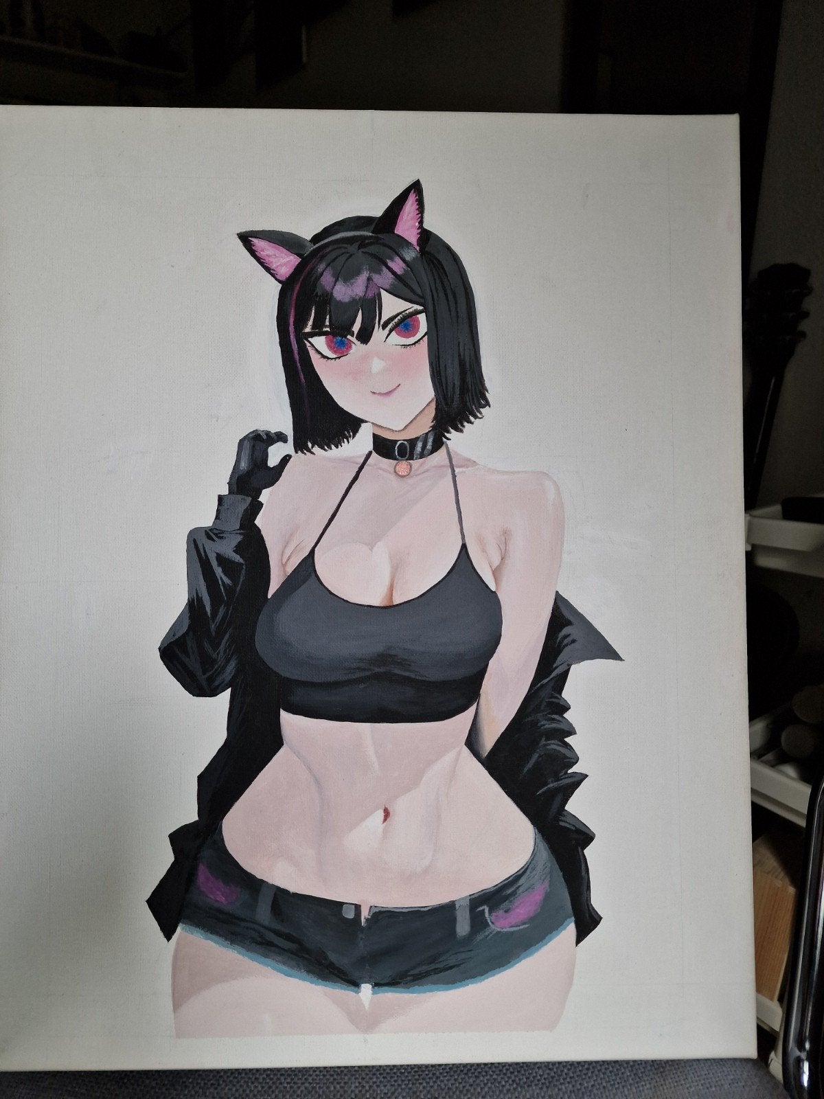 Handgeschilderd Acryl Schilderij: Anime Kattenmeisje, Antiek en Kunst, Kunst | Schilderijen | Modern, Handgeschilderd, Ophalen of Verzenden