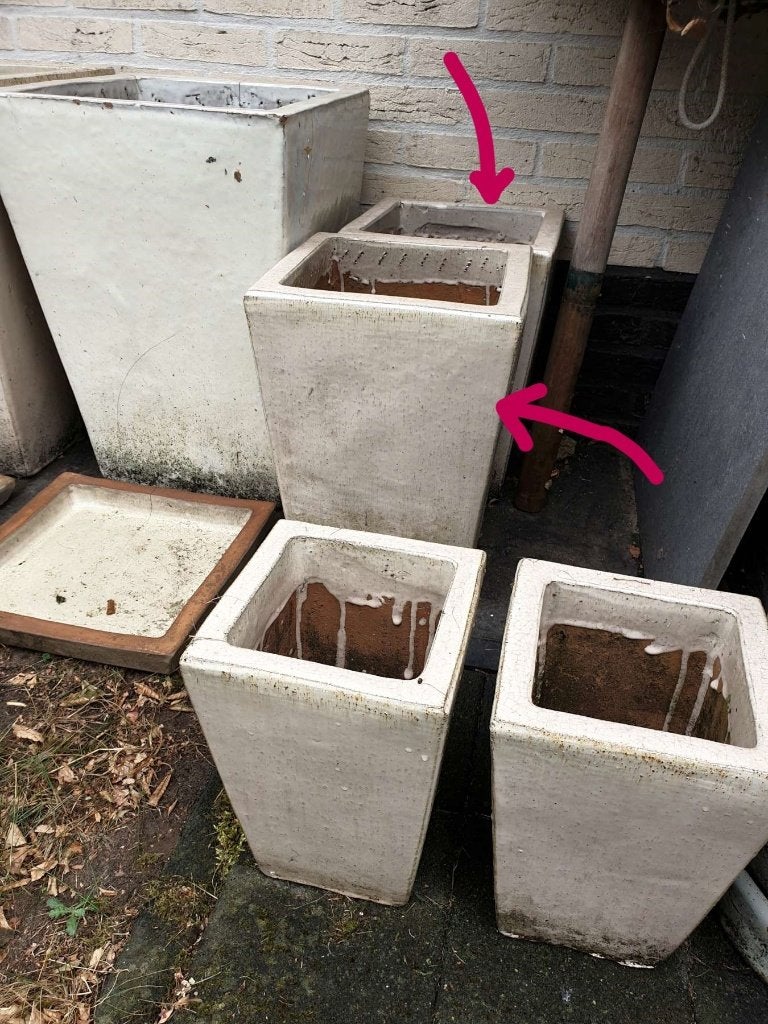 2x Medium geglazuurde vorstbestendige bloempot + schaal, Rond, Nieuw, Ophalen of Verzenden, Tuin