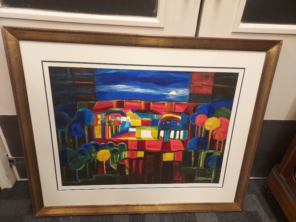 Schilderij, modern landschap met huizen en bomen., Acrylverf, Passe-partout, Papier/karton, Landschap