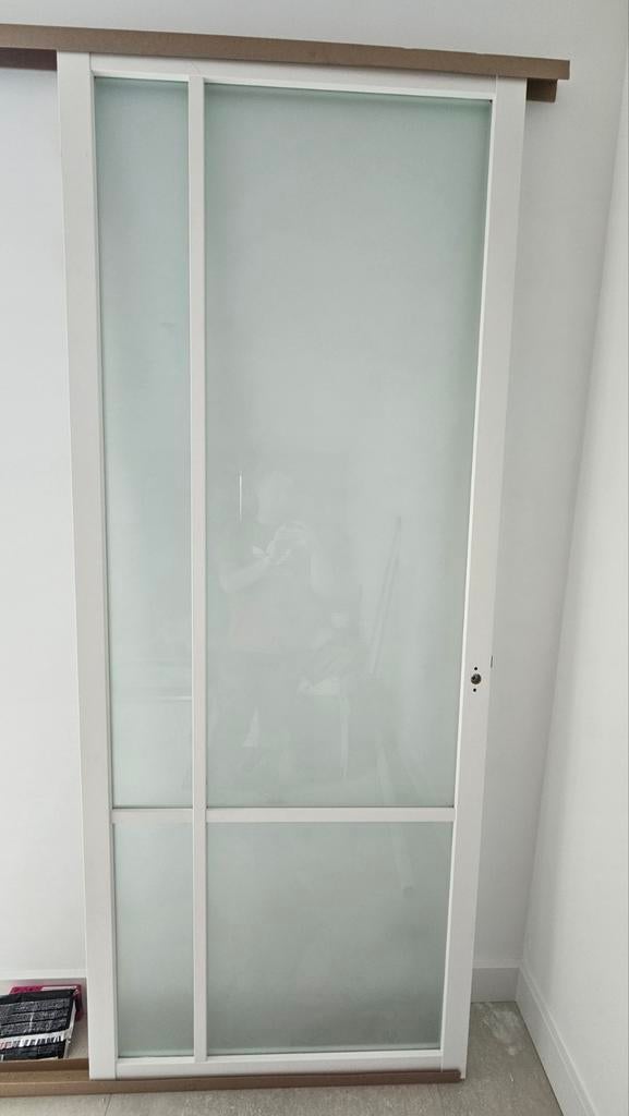 Moderne deur met melkglas en wit frame 2,32/0,92 m, Ophalen, 80 tot 100 cm, Binnendeur, Zo goed als nieuw