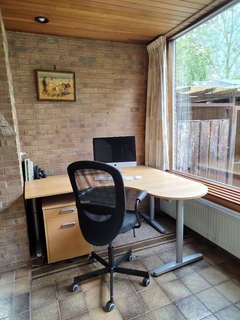 Hoekbureau beuken met ladenblok en bureaustoel, Ophalen, Met lades, 160 cm, Gebruikt