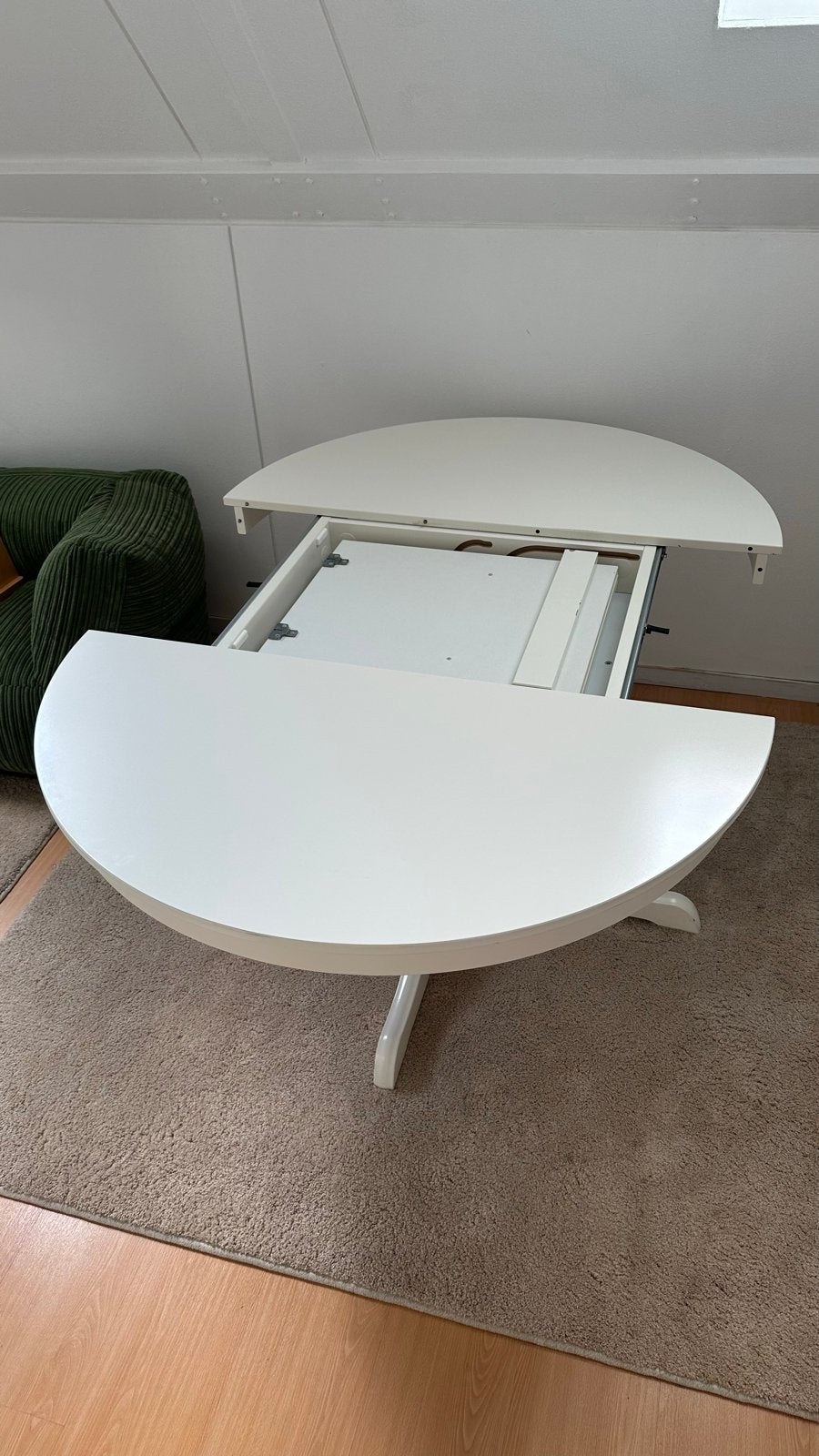 Uitschuifbare ronde eettafel, wit, Ophalen, Gebruikt, 100 tot 150 cm, Rond